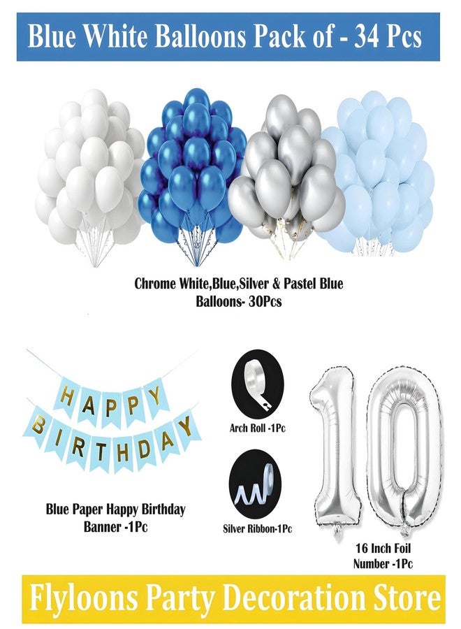 Flyloons 10th Birthday Decoration Items Blue and White Theme Combination for Boys Girls Kids | 30 Pcs Blue White Silver Color Balloons | Blue Happy Birthday Paper Banner | Arch Tape - Image 2